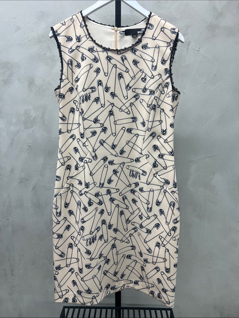 Love Moschino Cream Shift Dress with Navy Safety Pin Print
